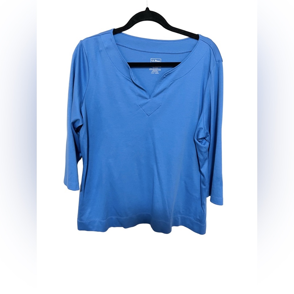 L.L. Bean Shirt 1X Blue Split Neck 3/4 Sleeve Soft Supima Cotton Casual Top